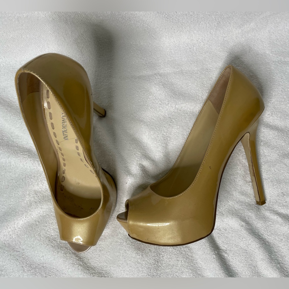 Gold patent leather, open toe 5 inch heels